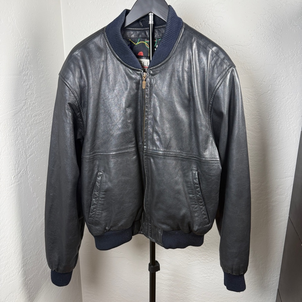 Vintage Pelle Studio Leather Black Ribbed Trim Graphic Lining Bomber Jacket M
